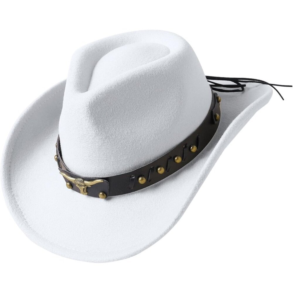 Kid's White Western Studded Leather Bull Skull Band Classic Fedora Cowboy Hat